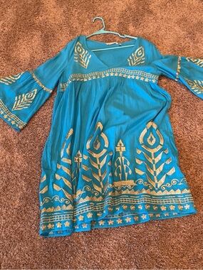 Soft surroundings, blue and shiny metallic gold bell sleeve dress